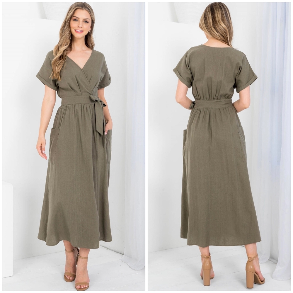 LAST ONE❗ILLA ILLA Chic Olive Surplice Wrap Around Midi Dress - Picture 4 of 10